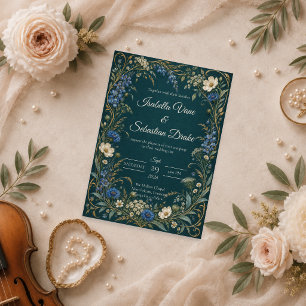 Convites Casamento com Flor Silvestre Azul Elegante