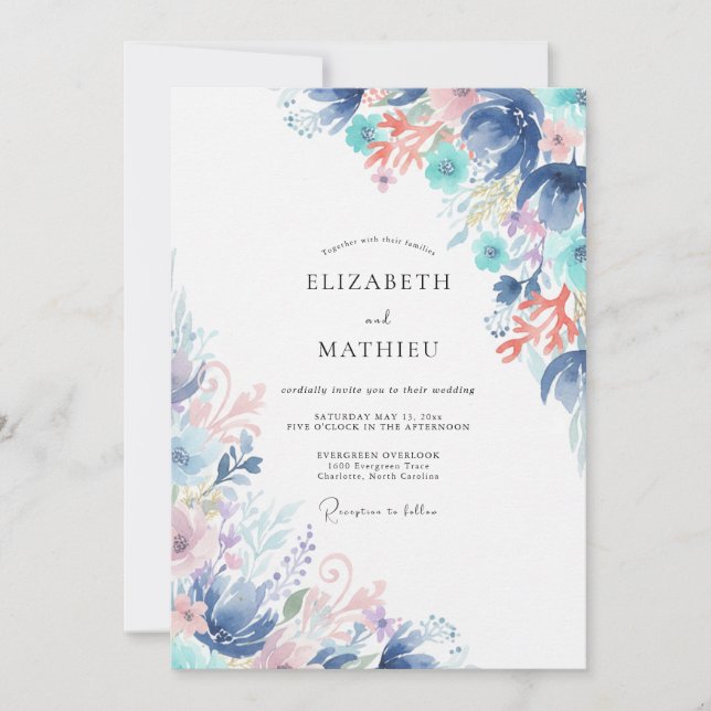 Convites Casamento com Flor Silvestre Azul Teal (Frente)