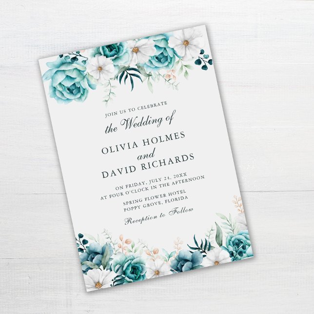 Convites Casamento com Flor Silvestre Azul-Verde | Floral B (Off-White Teal Floral Wedding Invitation on gray table)