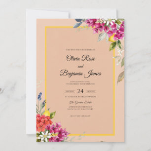 Convites Casamento com Flor Silvestre Champanhe Fúcsia