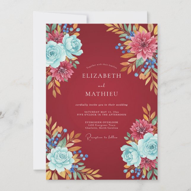 Convites Casamento com Flor Silvestre Ciano Carmesim (Frente)