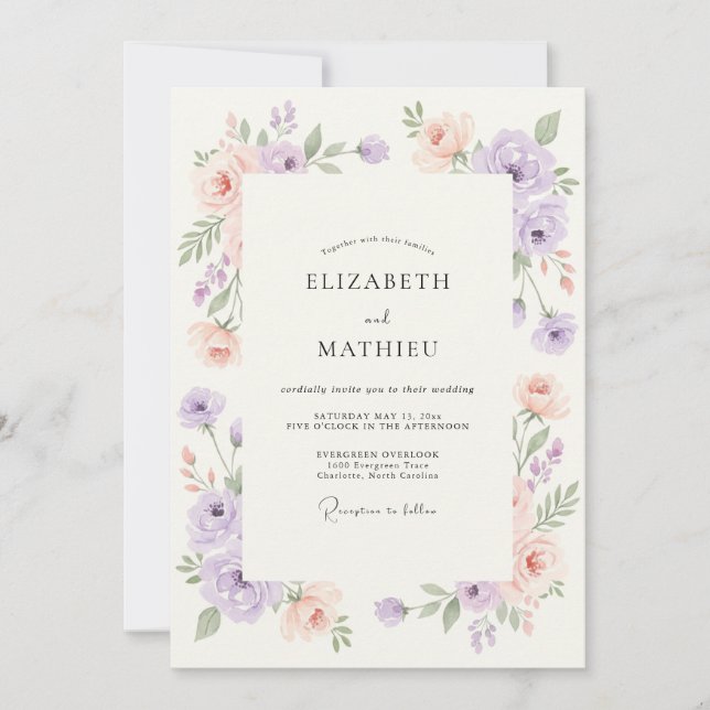 Convites Casamento com Flor Silvestre de Damasco Lavanda (Frente)