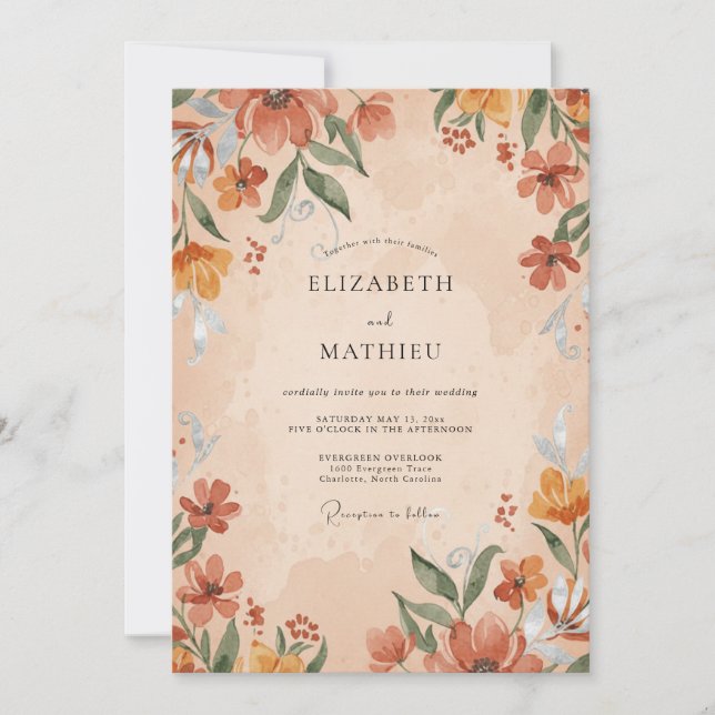 Convites Casamento com Flor Silvestre de Ferrugem Ocre (Frente)