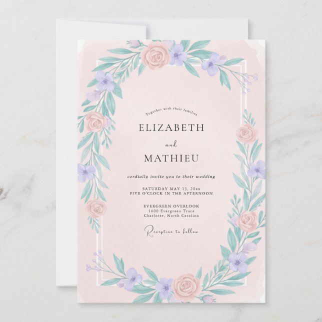 Convites Casamento com Flor Silvestre de Periwinkle Rosado (Frente)