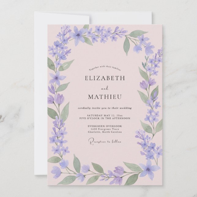 Convites Casamento com Flor Silvestre de Rosa Pálido e Peri (Frente)