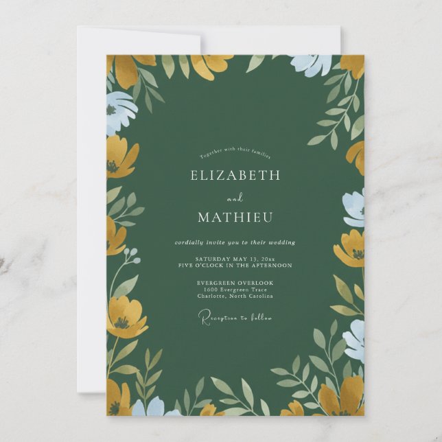 Convites Casamento com Flor Silvestre Esmeralda Mostarda (Frente)