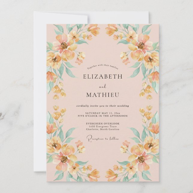 Convites Casamento com Flor Silvestre Etérea de Pêssego (Frente)