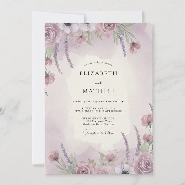 Convites Casamento com Flor Silvestre Lilás Desbotada (Frente)