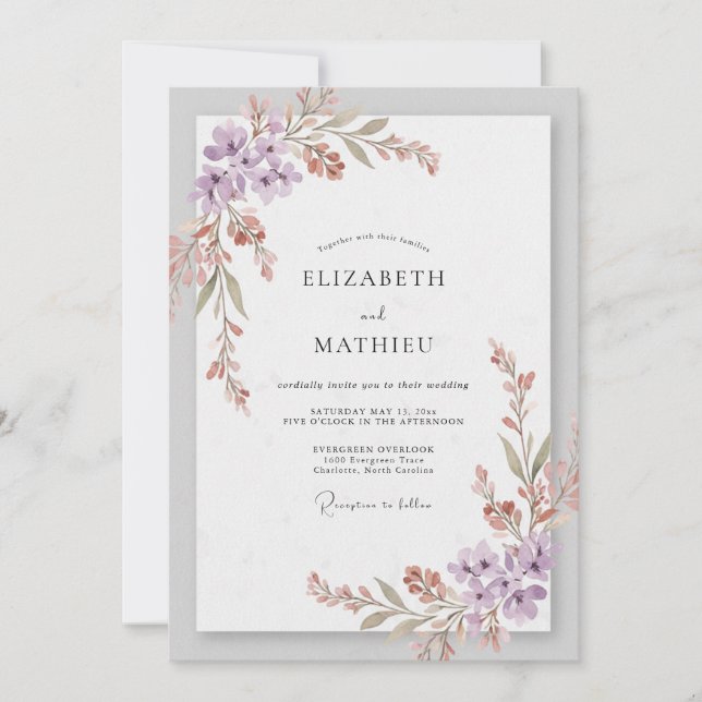 Convites Casamento com Flor Silvestre Lilás Rosa (Frente)