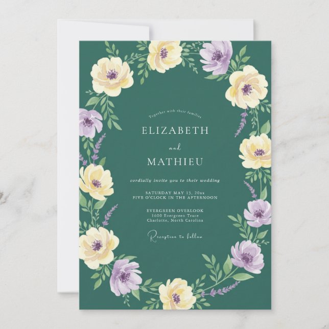 Convites Casamento com Flor Silvestre Lilás Teal Escuro (Frente)