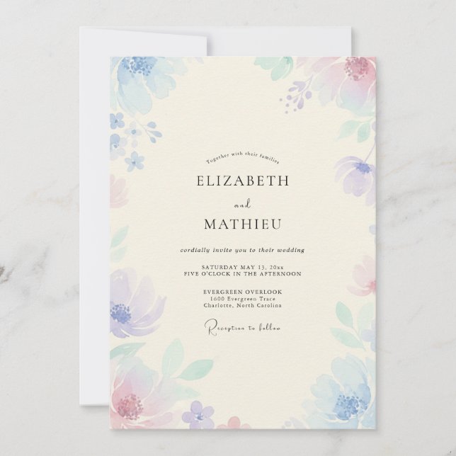 Convites Casamento com Flor Silvestre Pastel Periwinkle (Frente)