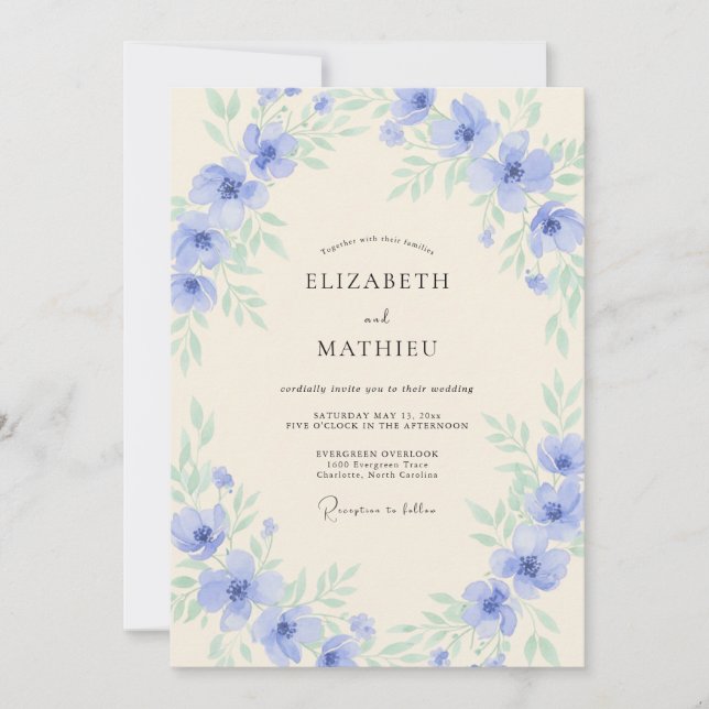 Convites Casamento com Flor Silvestre Periwinkle Atemporal (Frente)