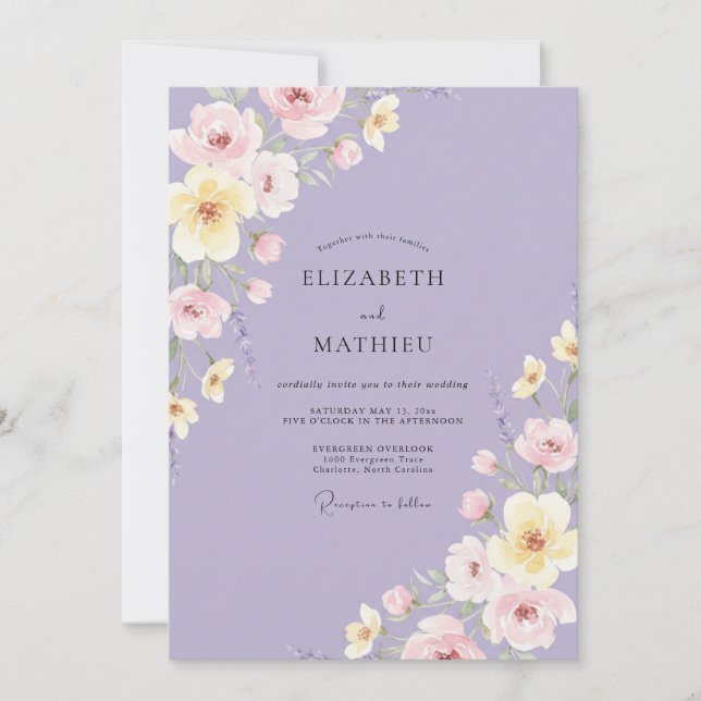 Convites Casamento com Flor Silvestre Rosa Lavanda (Frente)
