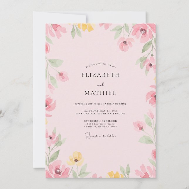 Convites Casamento com Flor Silvestre Rosa Pálido (Frente)