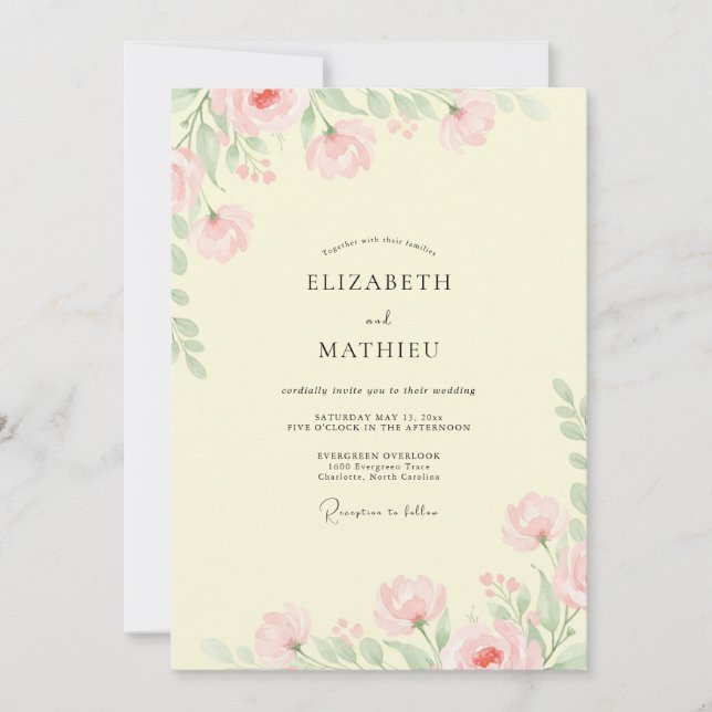 Convites Casamento com Flor Silvestre Rosa Pétala Amarela (Frente)