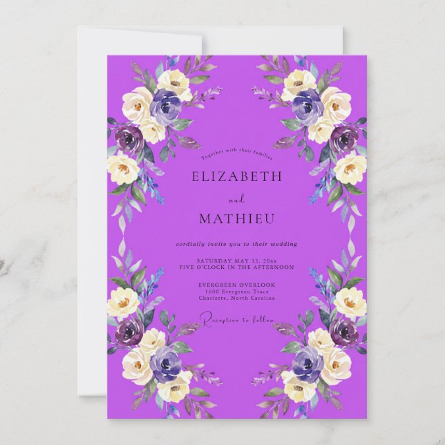 Convites Casamento com Flor Silvestre Roxa Vibrante (Frente)