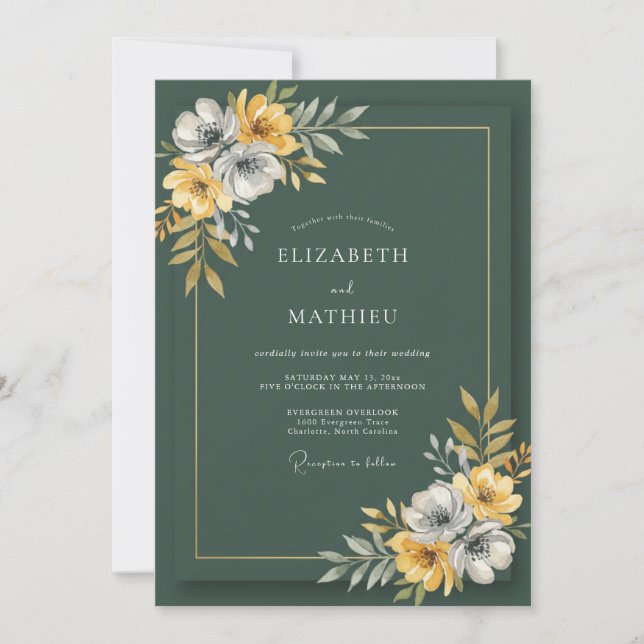 Convites Casamento com Flor Silvestre Verde Floresta (Frente)