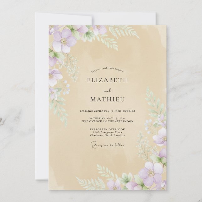 Convites Casamento com Flor Silvestre Violeta Champanhe Sua (Frente)
