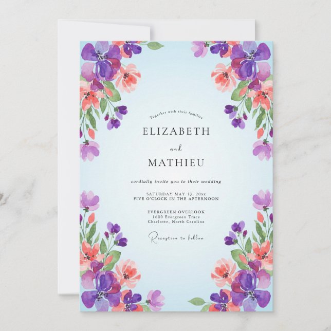 Convites Casamento com Flor Silvestre Violeta Coral (Frente)