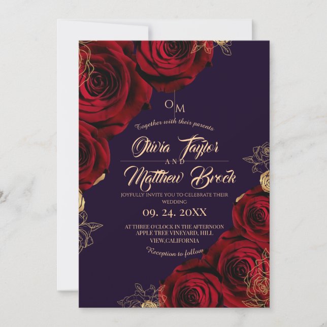 Convites Casamento com Flor ⎮ Violeta e Ouro (Frente)
