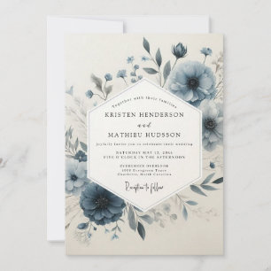 Convites Casamento com Flora Antiga Azul Empoeirada