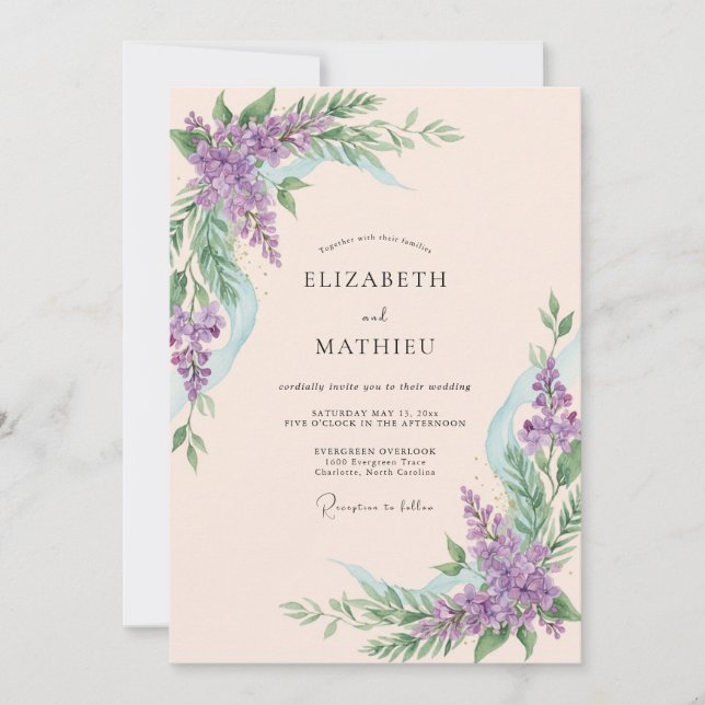 Convites Casamento com Flora Botânica de Lavanda (Frente)
