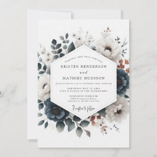 Convites Casamento com Flora de Azul Empoeirado e Ferrugem