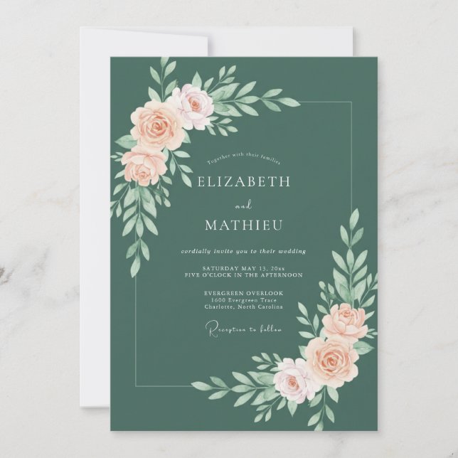 Convites Casamento com Flora de Pêssego Empoeirado (Frente)