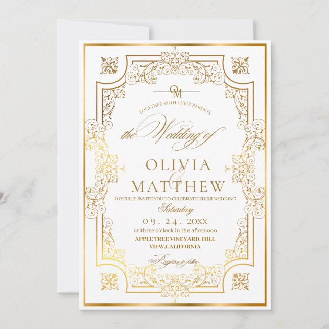 Convites Casamento com Flora Dourada Chic (Frente)