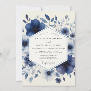 Convites Casamento com Flora em Aquarela Azul-Marinho