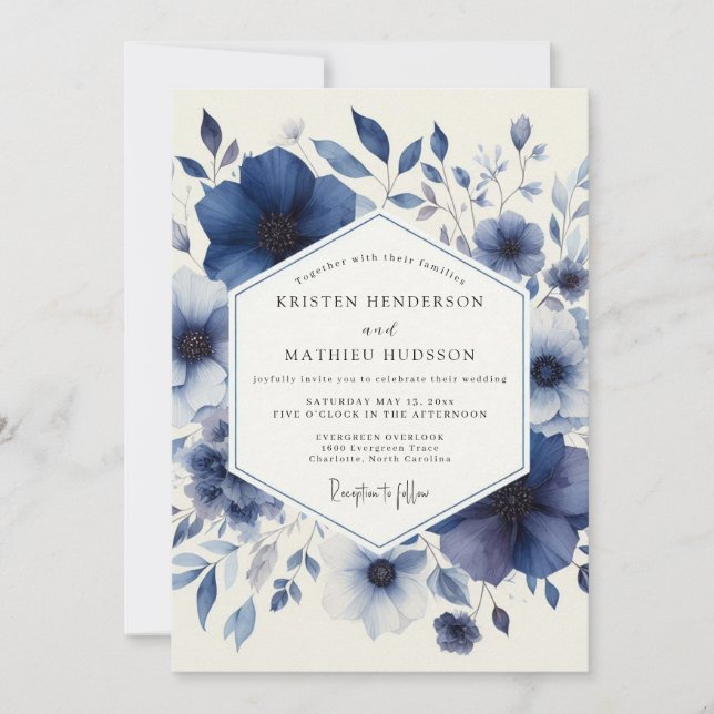 Convites Casamento com Flora em Aquarela Azul-Marinho (Frente)