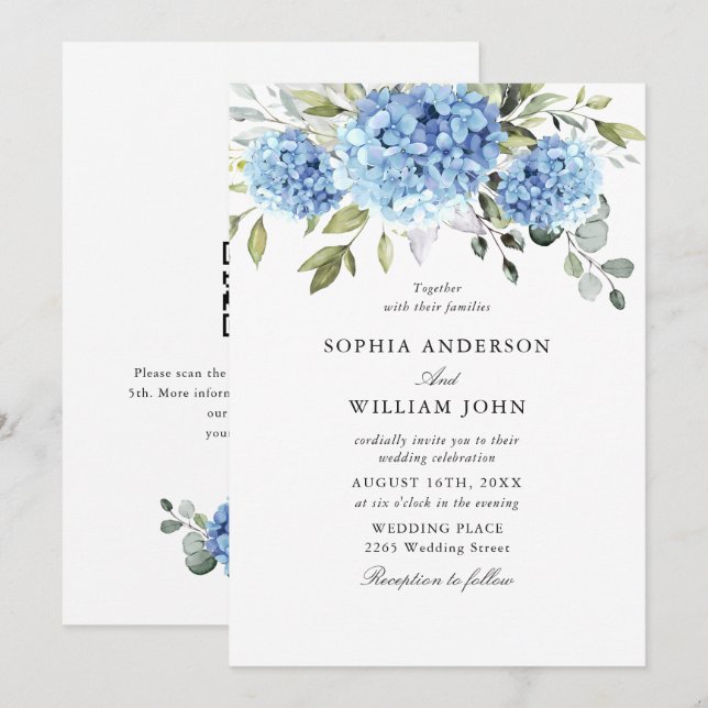Convites Casamento com Flora Hídrangea Azul Elegante (Frente/Verso)