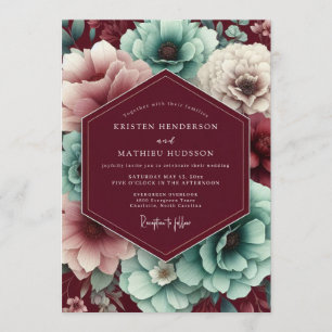Convites Casamento com Flora Outonal em Marrom e Azul-Teal