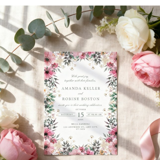 Convites Casamento com Flora Verde Rosa (Criador carregado)