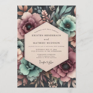 Convites Casamento com Florada Malva e Azul Turquesa Sombri