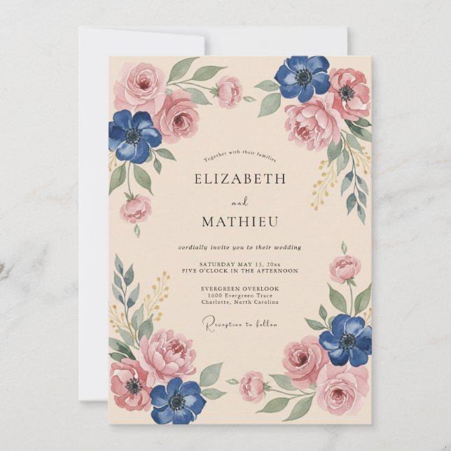 Convites Casamento com Floral Azul Desbotado e Rubor (Frente)
