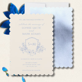 Convites Casamento com Floral Azul Pó Delicado com Brasão d