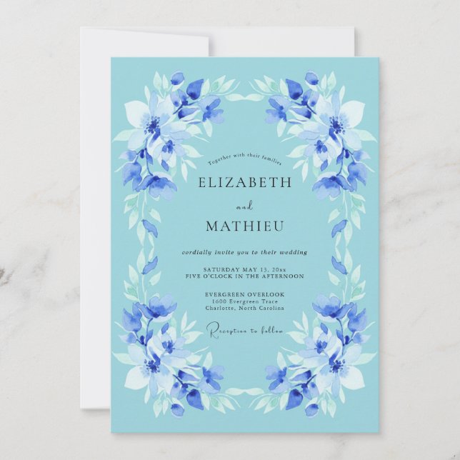 Convites Casamento com Floral Botânico Azul (Frente)