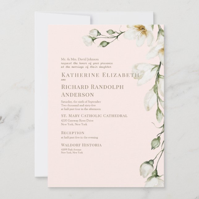 Convites Casamento com Floral Branco e Rosa Dourado (Frente)