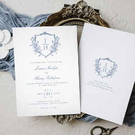 Convites Casamento com Floral Crest Monograma Azul Regência
