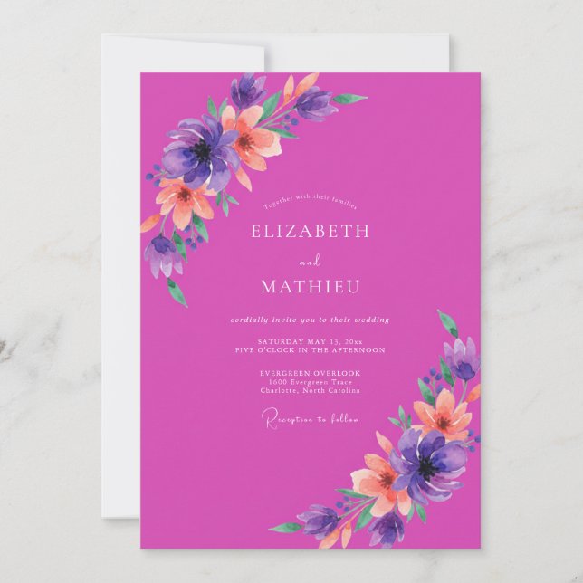 Convites Casamento com Floral de Água Magenta Roxo (Frente)