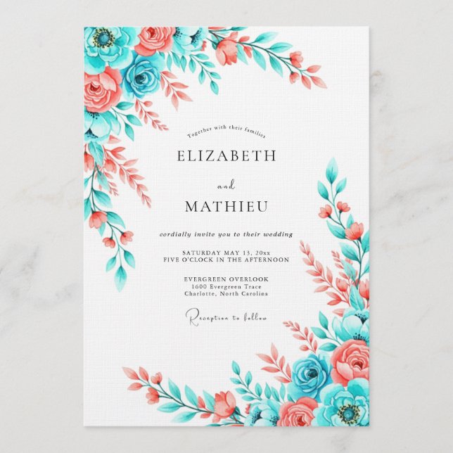 Convites Casamento com Floral de Coral Teal em Aquarela (Frente)