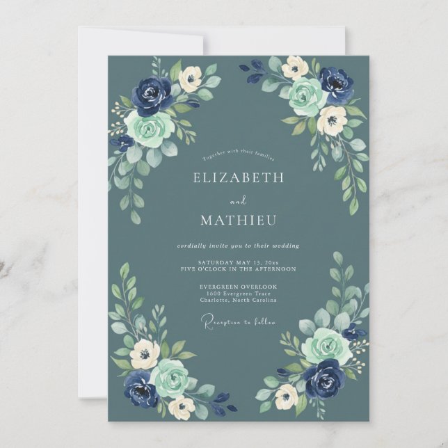 Convites Casamento com Floral de Nacarado Azul Naval em Aqu (Frente)