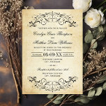 Convites Casamento com Floral de Pergaminho Vintage<br><div class="desc">Um convite de casamento deslumbrante com floreios ornamentados em preto sobre um fundo de papel pergaminho envelhecido com bordas quentes e desgastadas. O nome em letra caligráfica e a tipografia serif refinada evocam o charme da correspondência antiga para um verdadeiro sentimento antigo. Todo o texto, incluindo nomes, data, detalhes da...</div>