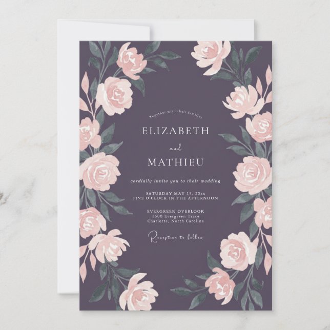 Convites Casamento com Floral de Plumagem Profunda em Aquar (Frente)