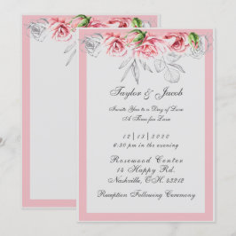 Convites Casamento com Floral Elegante Rosa e Cinza em Letr
