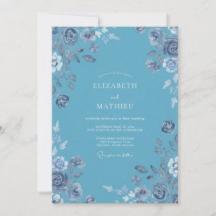 Convites Casamento com Floral em Aquarela Azul Céu