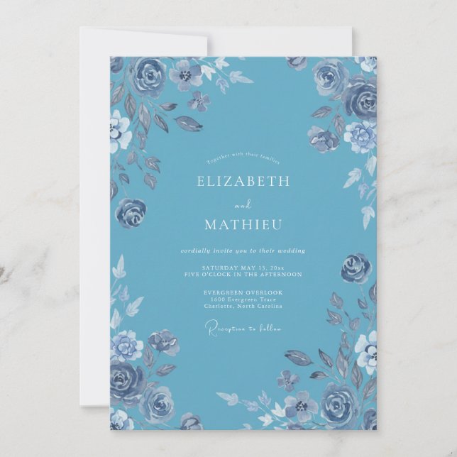 Convites Casamento com Floral em Aquarela Azul Céu (Frente)