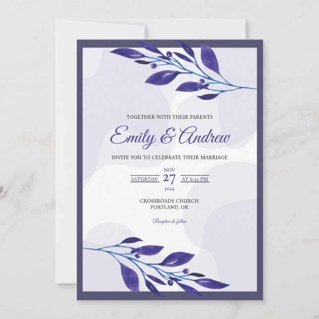 Convites Casamento com Floral em Aquarela Azul Marinho Eleg (Frente)