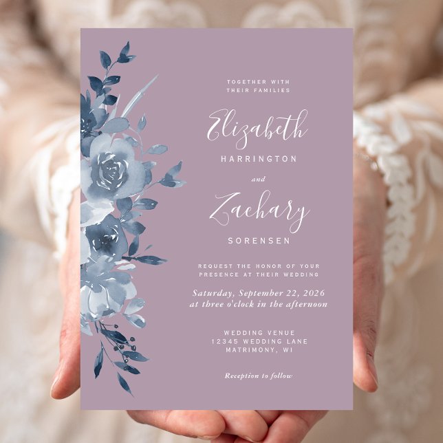 Convites Casamento com Floral em Aquarela Azul Poeirento Ro (Criador carregado)